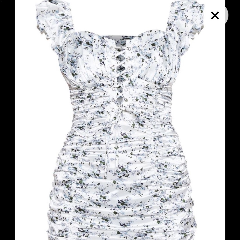 White Floral Satin Ruched Bardot Bodycon Dress